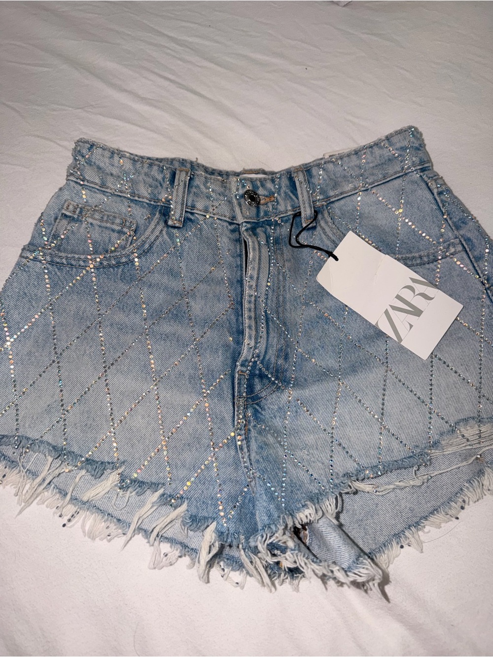 ZARA Light Blue Denim Shorts with Rhinestone Grid